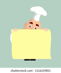 Fat Cartoon Chef holding blank banner Flat Vector Illustration Design