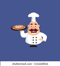 Fat Cartoon Chef holding pizza Flat Vector Illustration Design