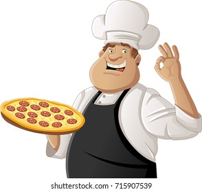 Fat Cartoon Chef Holding Pizza
