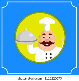 Fat Cartoon Chef with hot food Flat Vector Illustration Design