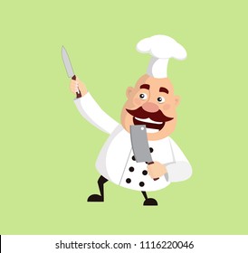 Fat Cartoon Chef with knife Flat Vector Illustration Design