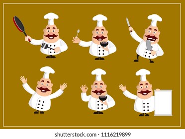 Fat Cartoon Chef many poses Flat Vector Illustration Design