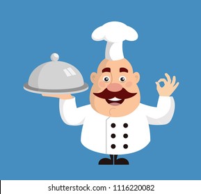 Fat Cartoon Chef ready to serve Flat Vector Illustration Design