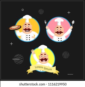 Fat Cartoon Chef round logo mascot  Flat Vector Illustration Design