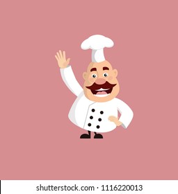 Fat Cartoon Chef saying Hi Pose Flat Vector Illustration Design