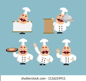Fat Cartoon Chef various poses Flat Vector Illustration Design