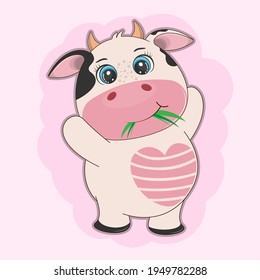 Fat cartoon cute cow with pink heart. Modern poster for prints, kids cards, t-shirts and other. Vector illustration. Greeting card.