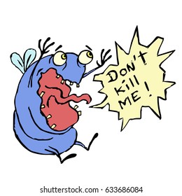 Fat cartoon fly screaming - don't kill me! Vector illustration. Digital colourful drawing cute character.