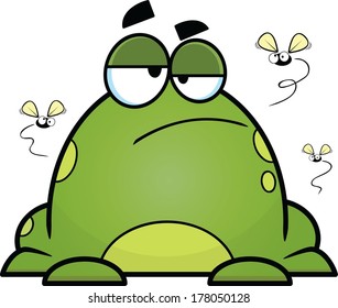 Fat cartoon frog, sitting with a bored expression; flies circling. 