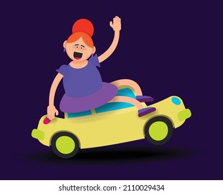 A fat cartoon girl is sitting astride a children's toy car. Vector banner