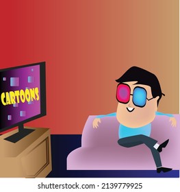 Fat  Cartoon Man Watching Cartoons On TV With Wearing  3d Glasses Vector.