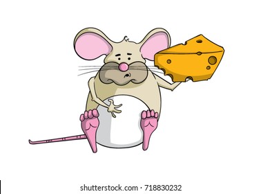 Fat cartoon mouse chewing on a piece of cheese