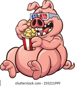 Fat cartoon pig eating popcorn and wearing glasses. Vector clip art illustration with simple gradients. Snout, glasses and pig on separate layers for easy editing.