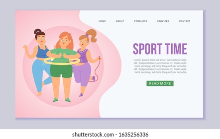 Fat cartoon sport ladies jumping and loosing weight vector web template. Weight loss, cardio training, health conscious concept for woman in obesity. Sport workout for ladies website or banner.