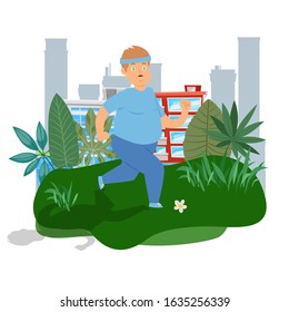Fat cartoon sport man jogging in city park vector illustration. Weight loss, cardio training, health conscious concept. Running sport man workout isolated on white.