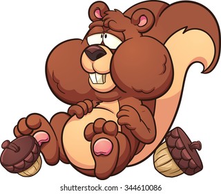 Fat Cartoon Squirrel. Vector Clip Art Illustration With Simple Gradients. Squirrel An Acorns On Separate Layers.