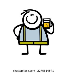 Fat cartoon stickman in traditional german clothes holds a big cup of czech bear. Vector doodle illustration of alcoholic drink and silly stick figure character.