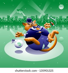 Fat Cat 2: Greenback City - The corporate or Wall Street fat cat. The millionaire, billionaire big money man banker. Symbol of greed & corruption. Vector contains gradient mesh.