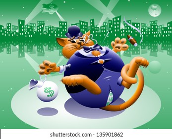 Fat Cat 2: Greenback City - The Corporate Or Wall Street Fat Cat. The Millionaire, Billionaire Big Money Man Banker. Symbol Of Greed & Corruption. Vector Contains Gradient Mesh.