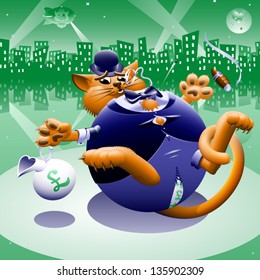 Fat Cat 2: Greenback City - The corporate or Wall Street fat cat. The millionaire, billionaire big money man banker. Symbol of greed & corruption. Vector contains gradient mesh.