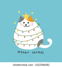 Fat cat acts to be Christmas tree with colorful lightbulb, Meowy Catmas cartoon vector illustration