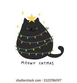 Fat cat acts to be Christmas tree with colorful lightbulb, Meowy Catmas cartoon vector illustration