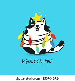 Fat cat acts to be Christmas tree with colorful lightbulb, Meowy Catmas cartoon vector illustration