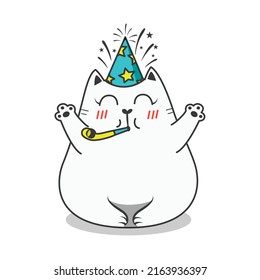 Fat Cat Birthday Party. Doodle Illusstration, Cartoon Vector.