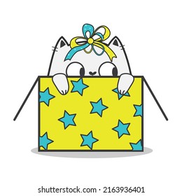 Fat cat birthday party. Doodle illusstration, cartoon vector.