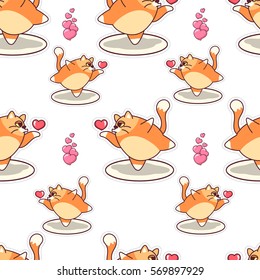 Fat cat blowing air kiss seamless pattern. Vector illustration of cat dancing like ballerina. Cat holding a heart. Cute repeated background for Valentine's day