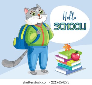 
un gato gordo con maletín va a la escuela. Un bonito gato con libros.
