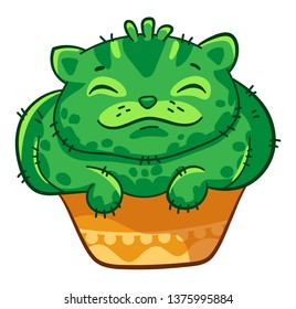 Fat cat cactus sits contented in a pot. Vector cartoon illustration. It can be used for sticker, patch, phone case, poster, mug and other design
