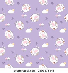 Fat cat cartoon so cute. On paw cloud sun flower purple background. Pattern seamless vector illustration. 
