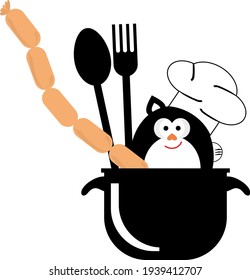 Fat Cat  Chief  with sausage and pan. Dinner and cuisine symbol
