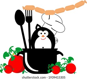 Fat Cat  Chief  with sausage, pan and tomato. Dinner and cuisine symbol