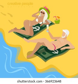 Fat cat concubine flat 3d isometry isometric lifestyle concept web vector illustration. Older man young passion blonde tropical beach sunbathing on dollar money banknotes. Creative people collection.