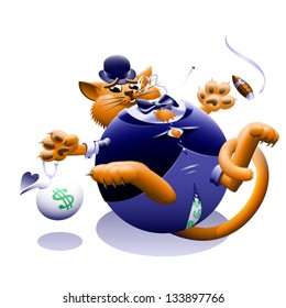 Fat Cat - The Corporate Or Wall Street Fat Cat. The Millionaire, Billionaire Big Money Man Banker. Symbol Of Greed & Corruption. Vector Contains Gradient Mesh.