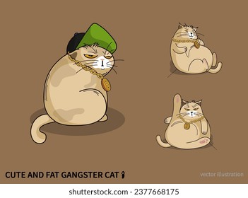 A fat cat with a cute expression wearing a Bitcoin necklace.
2D vector illustration.