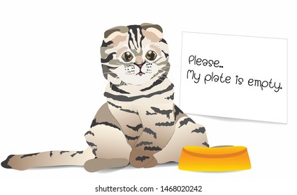 Fat Cat with empty food dish with a sign, "Please,  my plate is empty.