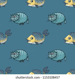 fat cat and fish seamless pattern