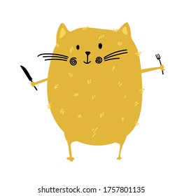 Fat cat with fork and knife in his hands for food blog kitchen. Fat cat stays before eating. Vector animal illustration in cartoon style for restaurant, cafe menu or banner, poster.