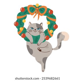 Fat cat hanging on Christmas wreath flat color vector character. Pet playing with new year ornament holidays illustration on white background