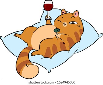 
Fat cat happy with life lies on a pillow with wine and food