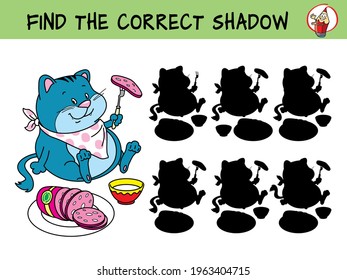 Fat cat is having lunch. Find the correct shadow. Educational game for children. Cartoon vector illustration