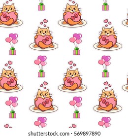 Fat cat holding heart-shaped box seamless pattern. Vector illustration of cat smiling with gift and balloons. Cute repeated background for Valentine's day