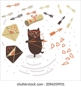 A fat cat in the image of Cupid launches arrows, envelopes with love messages, hearts, a cloud of arrows fly around, Valentine's Day card, declaration of love, wedding