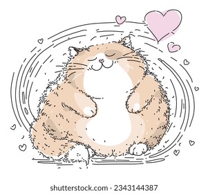 Fat cat in love. Sketch of a pet with hearts on a white background. Drawn character for card for Valentine's Day. Self love. Overweight problem