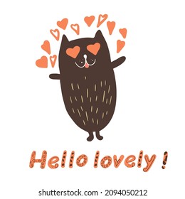 Fat Cat in Love, Valentine's Day, Lettering Hello lovely