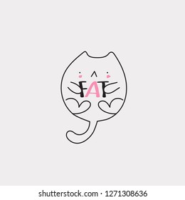 Fat cat on white background, overweight, obesity. Vector line illustration