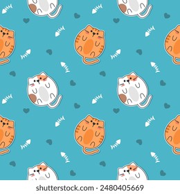 Fat cat orange and white cartoon so cute. On fishbone heart background. Pattern seamless vector illustration. 